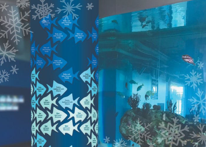 holiday pillars 2022 legacy fish shaped plaques are placed on a column in the Great Hall of South Carolina Aquarium